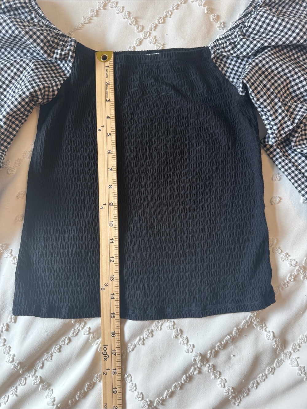 Who Wear What When Where Black Smocked Top with Gingham Puff Sleeves - Picture 5 of 8